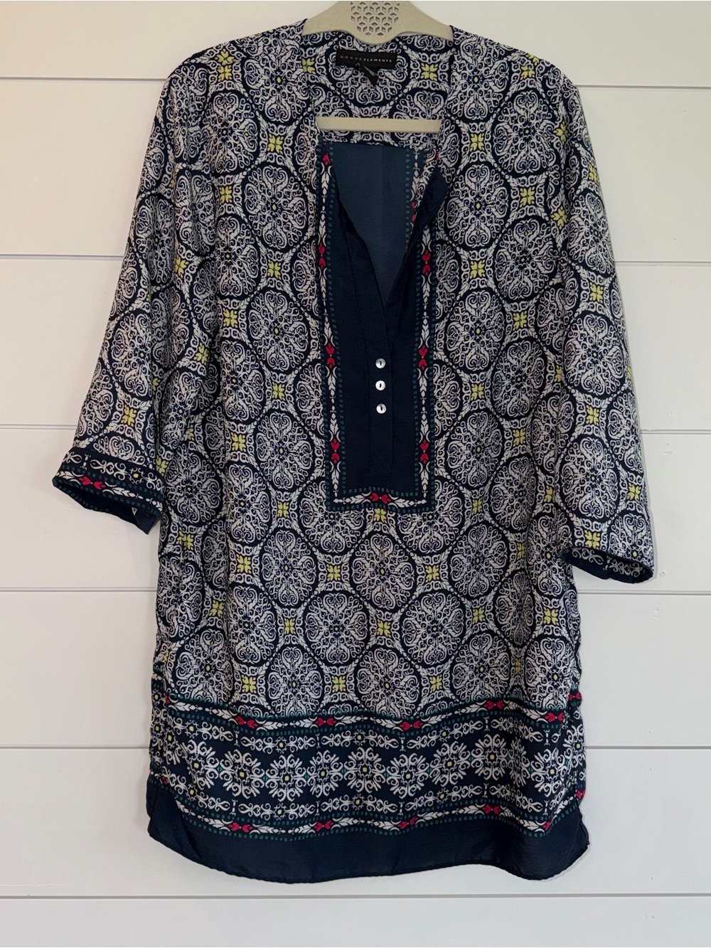Grace Elements Navy Medallion Tunic Dress L Boho Geometric Split V Neck Shift